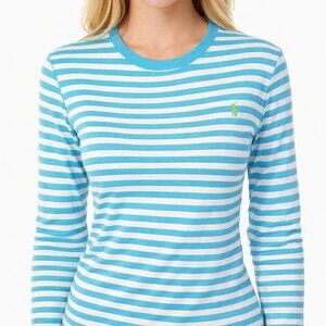 VTG Ralph Lauren Breton Stripe 100% Cotton Aqua White Striped Long Sleeve Tee M